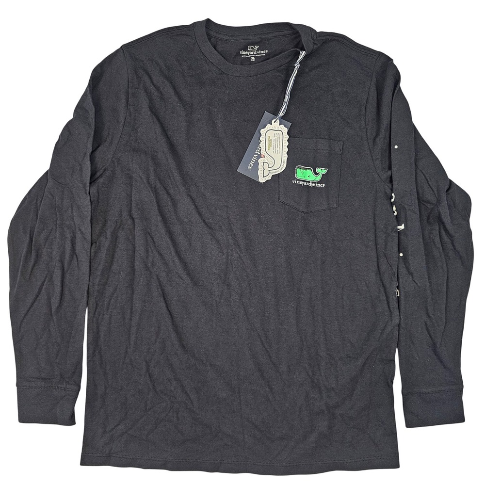 Vineyard Vines Boys XL 18 Long Sleeve Pocket T-Shirt Black Glow Whale‎ Logo